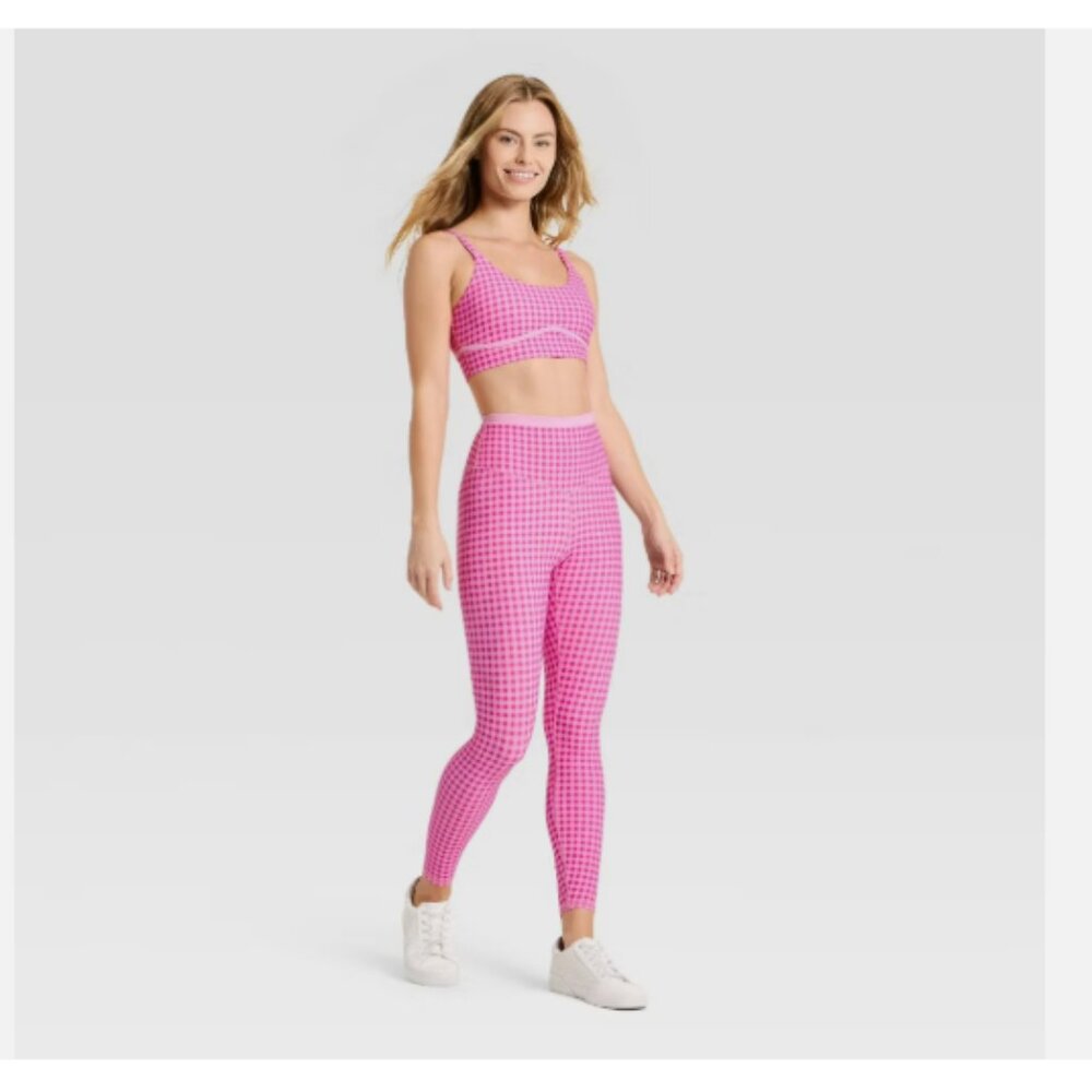 Women's High-Rise Piped 7/8 Leggings - JoyLab   Pink Gingham  Large - Picture 4 of 4